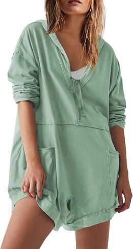 Yanekop Womens Oversized Romper Hoodie Jumpsuit V Neck Short Overalls Casual Long Sleeve Jumpers with Pockets in Saudi Arabia