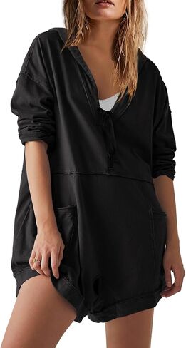 Yanekop Womens Oversized Romper Hoodie Jumpsuit V Neck Short Overalls Casual Long Sleeve Jumpers with Pockets in Saudi Arabia