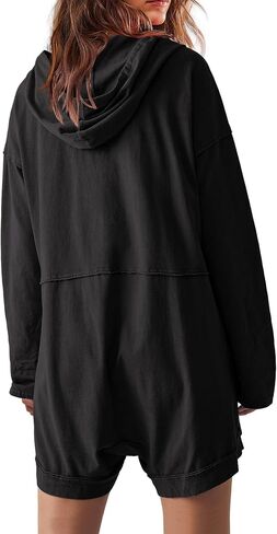 Yanekop Womens Oversized Romper Hoodie Jumpsuit V Neck Short Overalls Casual Long Sleeve Jumpers with Pockets in Saudi Arabia