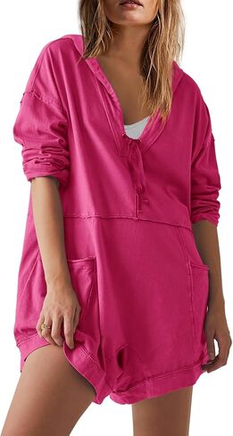 Yanekop Womens Oversized Romper Hoodie Jumpsuit V Neck Short Overalls Casual Long Sleeve Jumpers with Pockets in Saudi Arabia