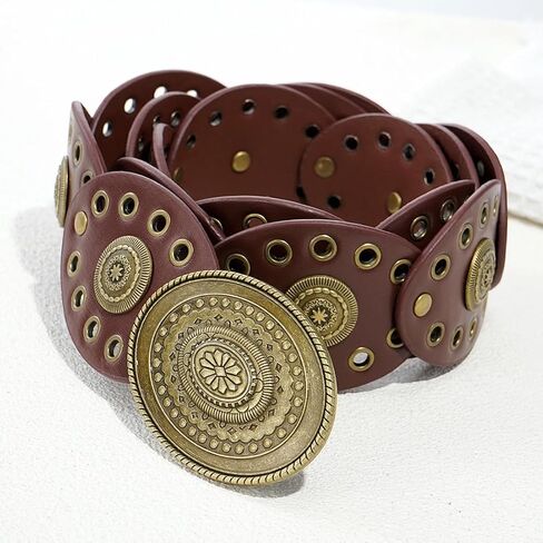 Wide Disc Belt for Women Leather Oval Belt Western Vintage Waist Belts in Kuwait