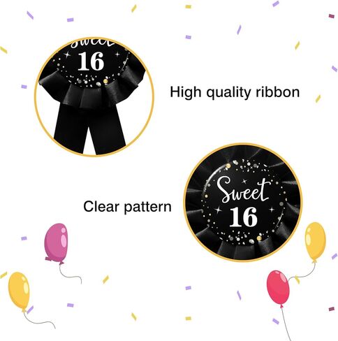 دبوس شارة Sweet 16، دبوس شارة صفيح لعيد الميلاد السادس عشر السعيد، دبوس شارة عيد ميلاد أسود بعمر 16 عامًا - قطعة واحدة in Kuwait