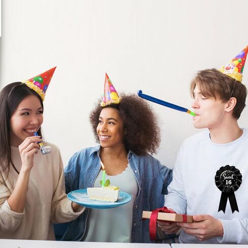 دبوس شارة Sweet 16، دبوس شارة صفيح لعيد الميلاد السادس عشر السعيد، دبوس شارة عيد ميلاد أسود بعمر 16 عامًا - قطعة واحدة in Kuwait