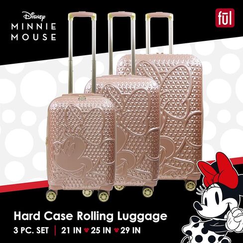 FUL Disney Minnie Mouse 3 Piece Rolling Luggage Set, Textured Hardshell Suitcase with Wheels Set, 21, 25 and 29 Inch, Rose Gold in Saudi Arabia