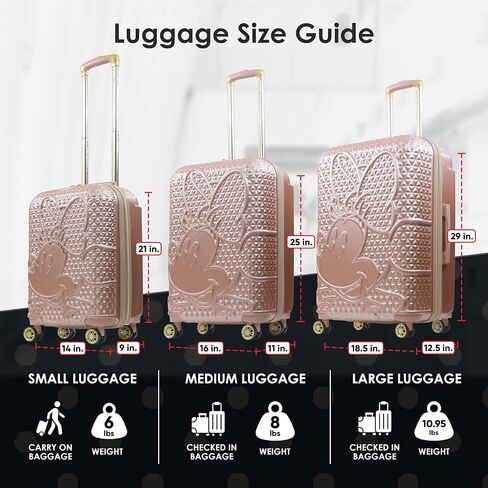 FUL Disney Minnie Mouse 3 Piece Rolling Luggage Set, Textured Hardshell Suitcase with Wheels Set, 21, 25 and 29 Inch, Rose Gold in Saudi Arabia