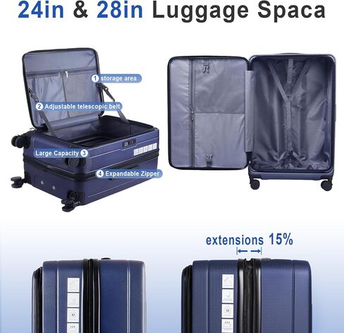 مجموعات الأمتعة 3 قطع، أمتعة ABS خفيفة الوزن مقاس 20 بوصة/24 بوصة/28 بوصة، مجموعة حقائب حمل قابلة للتوسيع مع قفل TSA وعجلات مزدوجة، مجموعات أمتعة صلبة مفتوحة أمامية (أزرق) in Kuwait