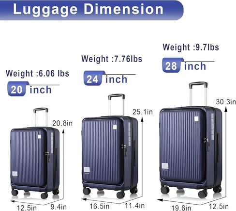 مجموعات الأمتعة 3 قطع، أمتعة ABS خفيفة الوزن مقاس 20 بوصة/24 بوصة/28 بوصة، مجموعة حقائب حمل قابلة للتوسيع مع قفل TSA وعجلات مزدوجة، مجموعات أمتعة صلبة مفتوحة أمامية (أزرق) in Kuwait
