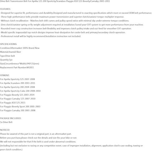 حزام القيادة 940OC x 25W لدراجة أبريليا سبورتسيتي 125 200 سكارابيو 200 03-11 سكوتر in Kuwait