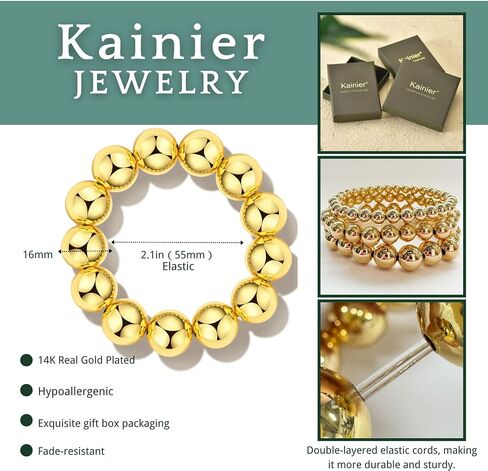 أساور مطرزة بالذهب من Kainier للنساء، أساور سلسلة مطلية بالذهب عيار 14 قيراط، أساور كروية غير قابلة للتشويه، خرز كروي قابل للتكديس 8/12/16 مم in Saudi Arabia