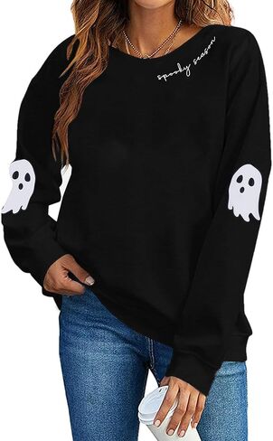 HEBBE Spooky Season Sweatshirts Halloween Ghost Sweatshirt Women - Halloween Graphic Crewneck Tops Casual Sweater in Kuwait