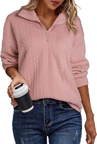 EVALESS Sweatshirt for Women Casual Long Sleeve Quarter Zip Pullover Textured Tops 2024 Fall Clothes with Pockets in Saudi Arabia