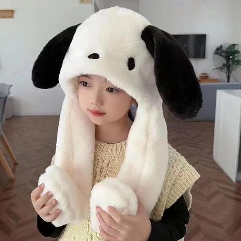 Anime Pochacco Ear Moving Jumping Hat Fluffy Beanie Cap Soft Warm Winter Head Wear Cute Hats for Women Black and White in Saudi Arabia