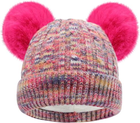 Kids Winter Beanie Hat Warm Fleece Lined Knitted Ski Cap with Double Pom Pom for Boys Girls Ages 7-12 in Saudi Arabia