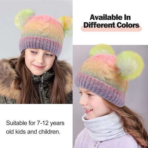 Kids Winter Beanie Hat Warm Fleece Lined Knitted Ski Cap with Double Pom Pom for Boys Girls Ages 7-12 in Saudi Arabia