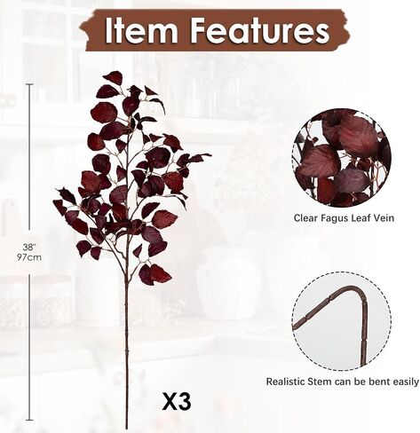 3PCS Artificial Fall Leaf Stems Autumn Leaves Fake Fagus Sylvatica Folige Burgundy Faux Beech Leaf Branch, Long Stems for Floral Arrangements Autumn Decoration in Saudi Arabia