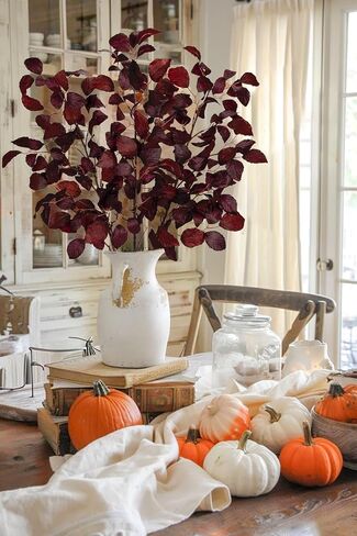 3PCS Artificial Fall Leaf Stems Autumn Leaves Fake Fagus Sylvatica Folige Burgundy Faux Beech Leaf Branch, Long Stems for Floral Arrangements Autumn Decoration in Saudi Arabia