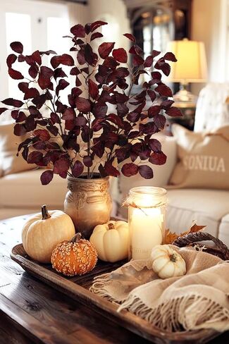 3PCS Artificial Fall Leaf Stems Autumn Leaves Fake Fagus Sylvatica Folige Burgundy Faux Beech Leaf Branch, Long Stems for Floral Arrangements Autumn Decoration in Saudi Arabia