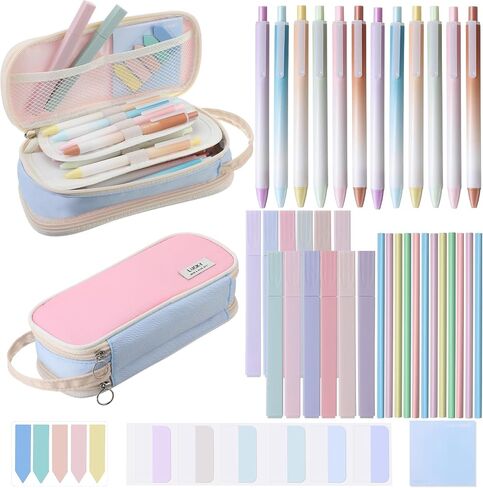 40 Pcs Aesthetic School Supplies with Big Pencil Case 12 Pastel Highlighters 12 Cute Quick Dry Gel Ink Pen 12 Pencils Sticky Notes Index Tabs Book Annotation for School (Pink Pencil Case) in Saudi Arabia