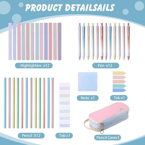 40 Pcs Aesthetic School Supplies with Big Pencil Case 12 Pastel Highlighters 12 Cute Quick Dry Gel Ink Pen 12 Pencils Sticky Notes Index Tabs Book Annotation for School (Pink Pencil Case) in Saudi Arabia