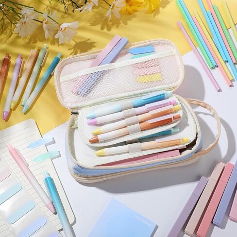 40 Pcs Aesthetic School Supplies with Big Pencil Case 12 Pastel Highlighters 12 Cute Quick Dry Gel Ink Pen 12 Pencils Sticky Notes Index Tabs Book Annotation for School (Pink Pencil Case) in Saudi Arabia