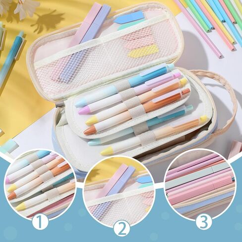 40 Pcs Aesthetic School Supplies with Big Pencil Case 12 Pastel Highlighters 12 Cute Quick Dry Gel Ink Pen 12 Pencils Sticky Notes Index Tabs Book Annotation for School (Pink Pencil Case) in Saudi Arabia