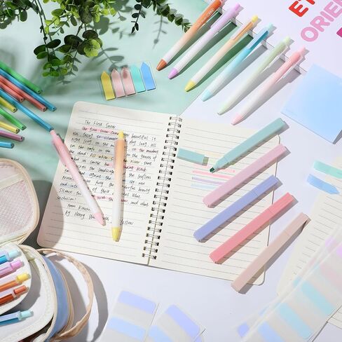 40 Pcs Aesthetic School Supplies with Big Pencil Case 12 Pastel Highlighters 12 Cute Quick Dry Gel Ink Pen 12 Pencils Sticky Notes Index Tabs Book Annotation for School (Pink Pencil Case) in Saudi Arabia