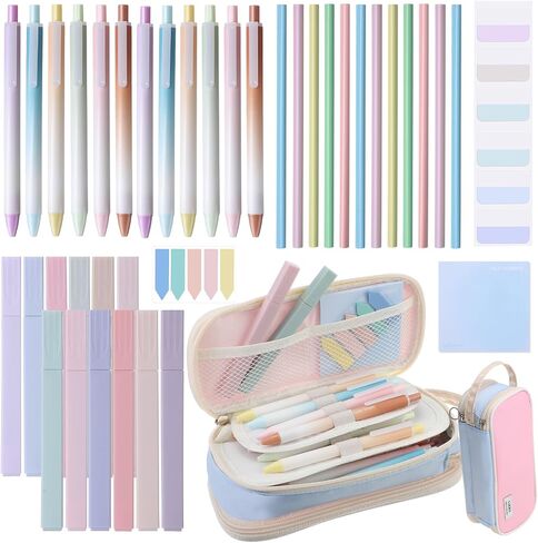 40 Pcs Aesthetic School Supplies with Big Pencil Case 12 Pastel Highlighters 12 Cute Quick Dry Gel Ink Pen 12 Pencils Sticky Notes Index Tabs Book Annotation for School (Pink Pencil Case) in Saudi Arabia