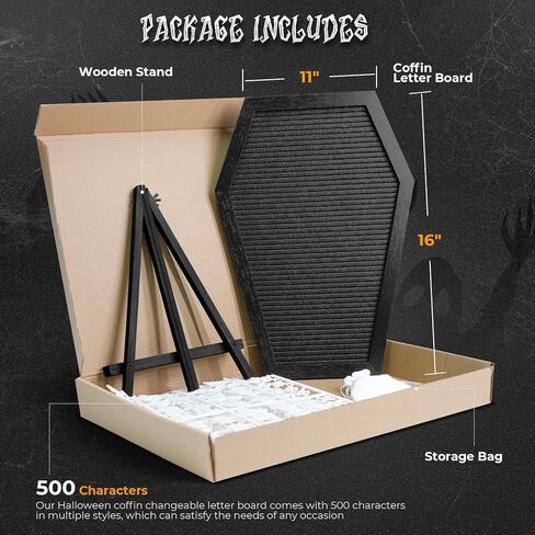 Coffin Letter Board Sign with 500 Characters Spooky Halloween Characters Wooden Stand and Canvas Bag 16 x 11 Inches Halloween Coffin Felt Letter Board for Home Gothic Halloween Decor (Black) in Saudi Arabia
