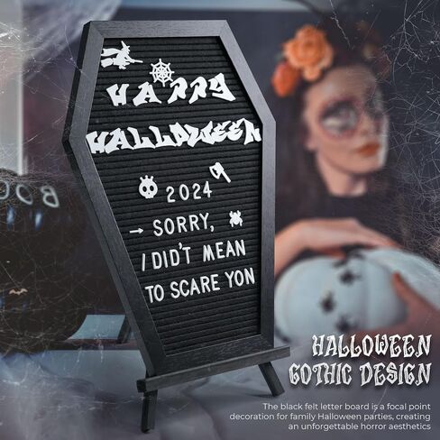 Coffin Letter Board Sign with 500 Characters Spooky Halloween Characters Wooden Stand and Canvas Bag 16 x 11 Inches Halloween Coffin Felt Letter Board for Home Gothic Halloween Decor (Black) in Saudi Arabia