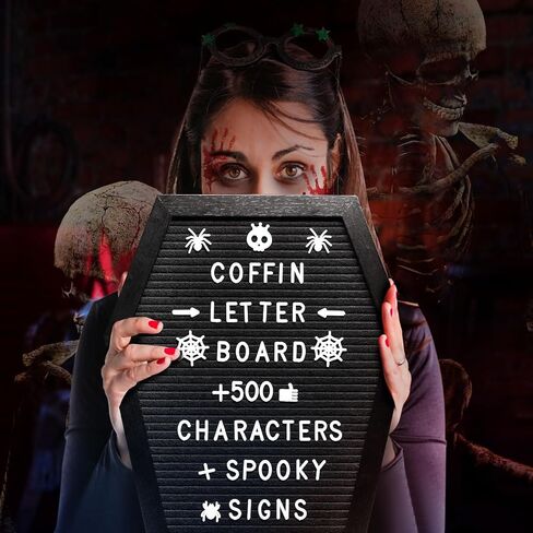 Coffin Letter Board Sign with 500 Characters Spooky Halloween Characters Wooden Stand and Canvas Bag 16 x 11 Inches Halloween Coffin Felt Letter Board for Home Gothic Halloween Decor (Black) in Saudi Arabia