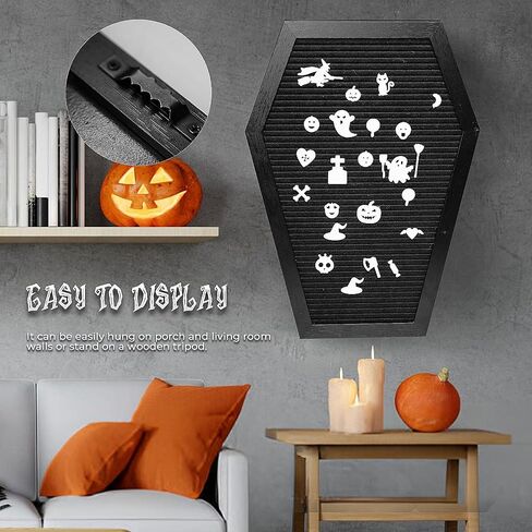 Coffin Letter Board Sign with 500 Characters Spooky Halloween Characters Wooden Stand and Canvas Bag 16 x 11 Inches Halloween Coffin Felt Letter Board for Home Gothic Halloween Decor (Black) in Saudi Arabia