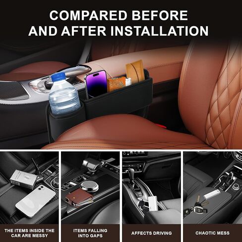 Car Leather Cup Holder Gap Bag, 2024 New Seat Gap Storage Box, Adjustable Leather Seat Car Gap Filler Organizer for Glasses Phones Keys and Cards(Black, Driver Side) in Saudi Arabia