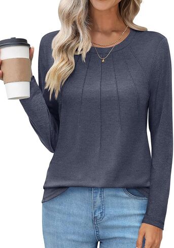 UEU Womens Long Sleeve Tops Crew Neck Casual Pleated T Shirts Fashion Dressy Tunic Blouses in Saudi Arabia