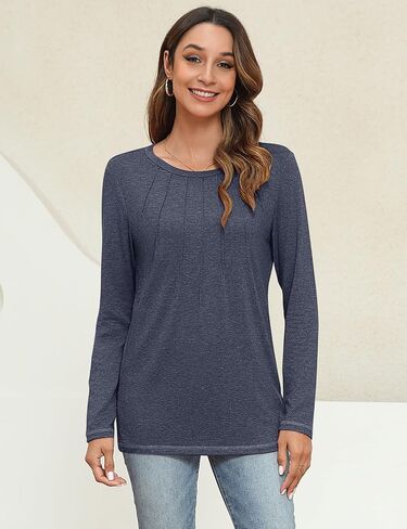UEU Womens Long Sleeve Tops Crew Neck Casual Pleated T Shirts Fashion Dressy Tunic Blouses in Saudi Arabia