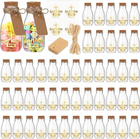 48 مجموعة من زجاجات الجرعات البلاستيكية المقدسة الكاثوليكية سعة 4 أونصة مع الفلين، برطمانات شفافة للمياه المعمودية المقدسة مع ملصق ذهبي متقاطع صغير وشفاف لتزيين الكنيسة زجاجة فارغة للمنزل وحفلات الزفاف in Kuwait
