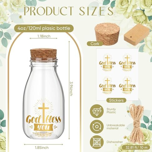 48 مجموعة من زجاجات الجرعات البلاستيكية المقدسة الكاثوليكية سعة 4 أونصة مع الفلين، برطمانات شفافة للمياه المعمودية المقدسة مع ملصق ذهبي متقاطع صغير وشفاف لتزيين الكنيسة زجاجة فارغة للمنزل وحفلات الزفاف in Kuwait