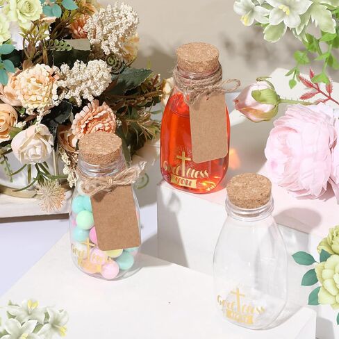 48 مجموعة من زجاجات الجرعات البلاستيكية المقدسة الكاثوليكية سعة 4 أونصة مع الفلين، برطمانات شفافة للمياه المعمودية المقدسة مع ملصق ذهبي متقاطع صغير وشفاف لتزيين الكنيسة زجاجة فارغة للمنزل وحفلات الزفاف in Kuwait