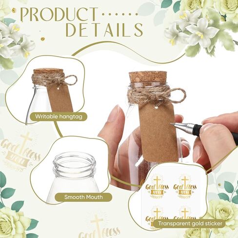 48 مجموعة من زجاجات الجرعات البلاستيكية المقدسة الكاثوليكية سعة 4 أونصة مع الفلين، برطمانات شفافة للمياه المعمودية المقدسة مع ملصق ذهبي متقاطع صغير وشفاف لتزيين الكنيسة زجاجة فارغة للمنزل وحفلات الزفاف in Kuwait