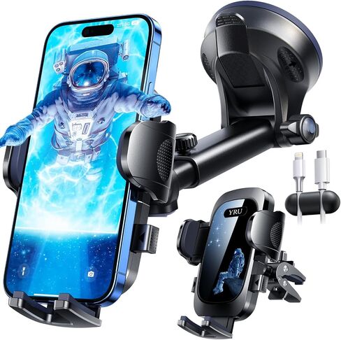 YRU True Military-Grade [360° Rotation Suction] 2026 Ultimate Car Phone Holder Mount【90+LBS Safest Strongest & Patent Certs】 Dash Windshield for iPhone 17 16 Pro Max Speakerphones, Gloss Black in Kuwait