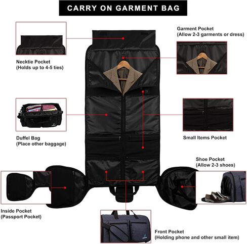 Convertible Garment Bag, Carry on Garment Duffel Bag for Travel with Double Back Strap and Detachable Shoulder 2 in 1 Hanging Suitcase Suit Bag for Men Women (Snow Black) in Saudi Arabia