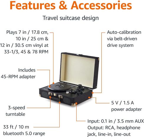 Amazon Basics Portable Suitcase Vinyl Turntable Record Player with Built-in Speakers and Bluetooth, Supports 3-Speed, Black in Saudi Arabia