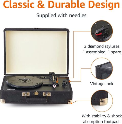 Amazon Basics Portable Suitcase Vinyl Turntable Record Player with Built-in Speakers and Bluetooth, Supports 3-Speed, Black in Saudi Arabia