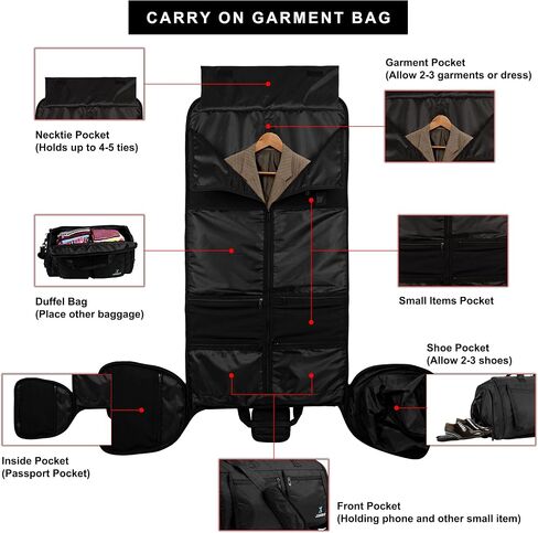 Convertible Garment Bag, Carry on Garment Duffel Bag for Travel with Double Back Strap and Detachable Shoulder 2 in 1 Hanging Suitcase Suit Bag for Men Women (Snow Black) in Saudi Arabia