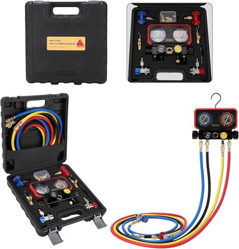 Wells AC R1234YF Gauge Set 4 Way AC Manifold Gauge Set R1234YF R134A R404A Refrigerant HVAC Tools with 5ft Hoses, Couplers Puncture, Can Tap, Works on Car Freon Charging and Evacuation in Saudi Arabia