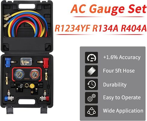 Wells AC R1234YF Gauge Set 4 Way AC Manifold Gauge Set R1234YF R134A R404A Refrigerant HVAC Tools with 5ft Hoses, Couplers Puncture, Can Tap, Works on Car Freon Charging and Evacuation in Saudi Arabia