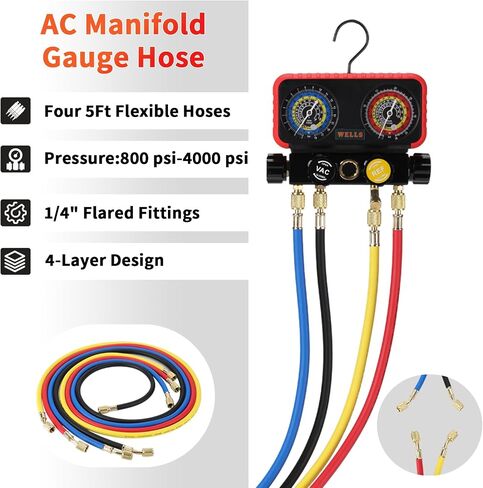 Wells AC R1234YF Gauge Set 4 Way AC Manifold Gauge Set R1234YF R134A R404A Refrigerant HVAC Tools with 5ft Hoses, Couplers Puncture, Can Tap, Works on Car Freon Charging and Evacuation in Saudi Arabia