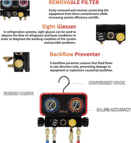 Wells AC R1234YF Gauge Set 4 Way AC Manifold Gauge Set R1234YF R134A R404A Refrigerant HVAC Tools with 5ft Hoses, Couplers Puncture, Can Tap, Works on Car Freon Charging and Evacuation in Saudi Arabia
