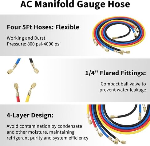 Wells AC R1234YF Gauge Set 4 Way AC Manifold Gauge Set R1234YF R134A R404A Refrigerant HVAC Tools with 5ft Hoses, Couplers Puncture, Can Tap, Works on Car Freon Charging and Evacuation in Saudi Arabia