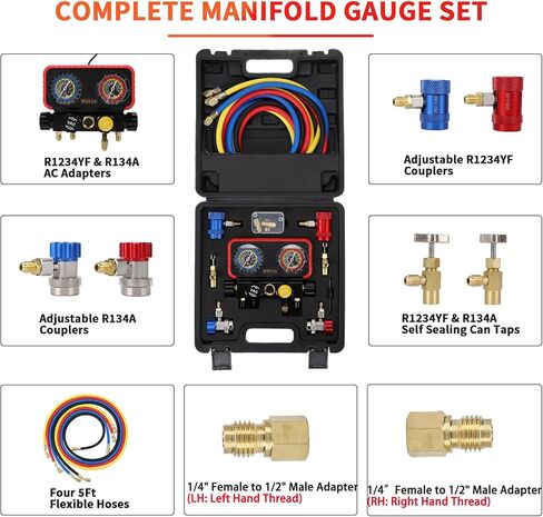 Wells AC R1234YF Gauge Set 4 Way AC Manifold Gauge Set R1234YF R134A R404A Refrigerant HVAC Tools with 5ft Hoses, Couplers Puncture, Can Tap, Works on Car Freon Charging and Evacuation in Saudi Arabia