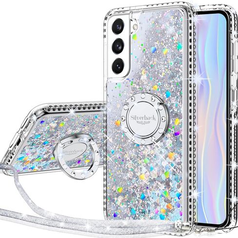 Silverback for Samsung Galaxy S21 Case, Moving Liquid Holographic Sparkle Glitter Case with Kickstand, Girls Women Bling Diamond Ring Slim Protective Case for Galaxy S21 5G -Clear Clear Silver in Kuwait